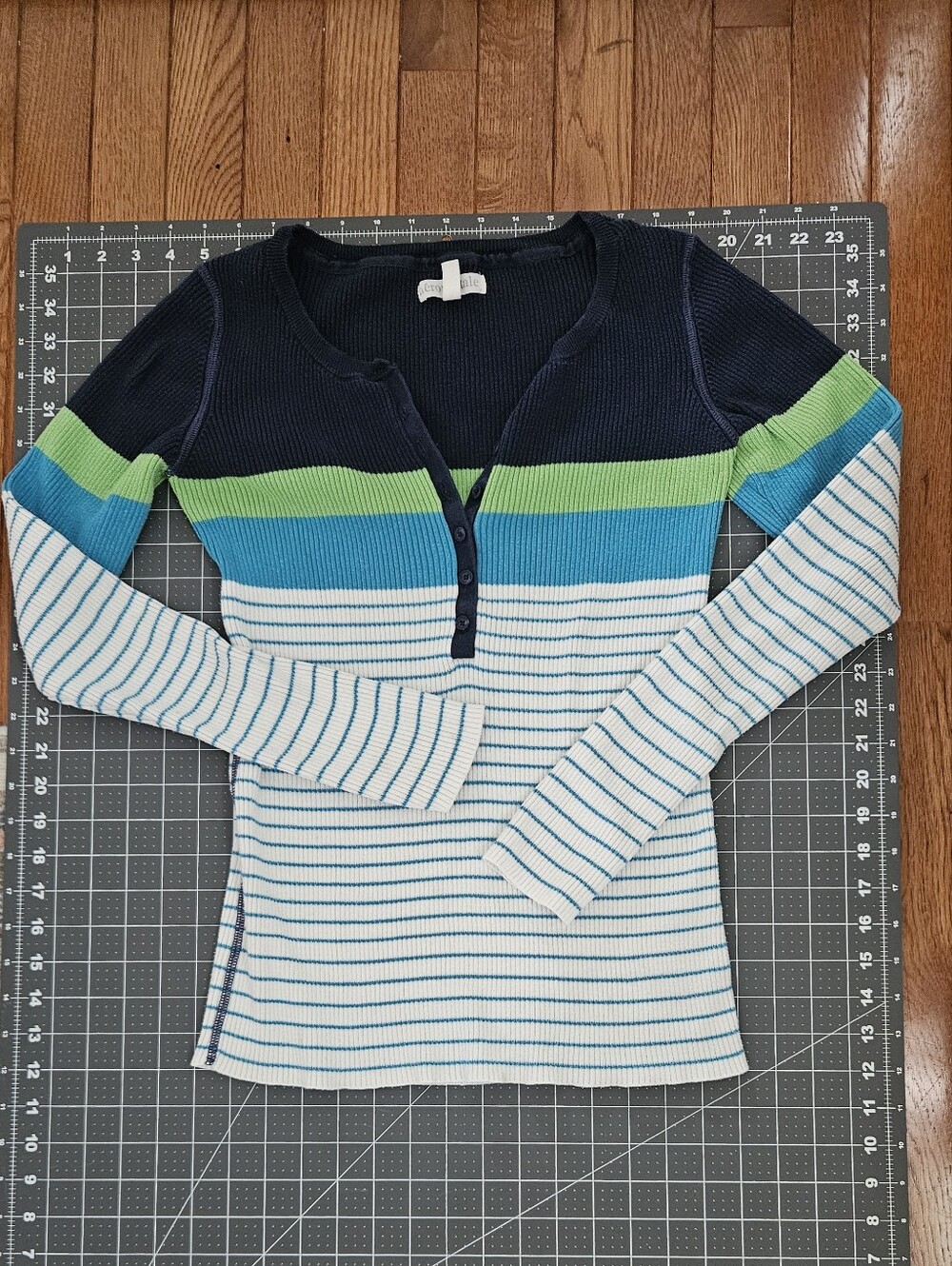 Aeropostale Striped Long-Sleeve Ribbed Henley Sweater - Navy, Blue, Green